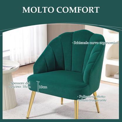 Shell Back Upholstered Chair, Bedroom and Living Room Velvet Armchair with Gold Legs, for Bedroom and Living Room, Green