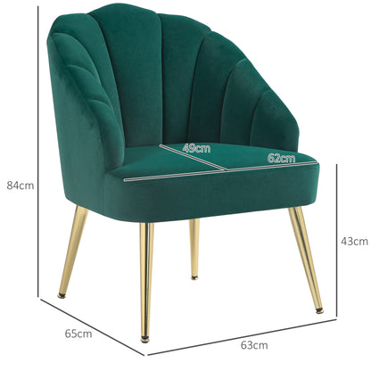 Shell Back Upholstered Chair, Bedroom and Living Room Velvet Armchair with Gold Legs, for Bedroom and Living Room, Green