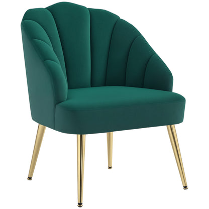 Shell Back Upholstered Chair, Bedroom and Living Room Velvet Armchair with Gold Legs, for Bedroom and Living Room, Green