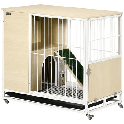 Rabbit Cage Hutch on Wheels with Opening Roof Platforms and Removable Tray - Natural 78 x 52.5 x 76.5 cm