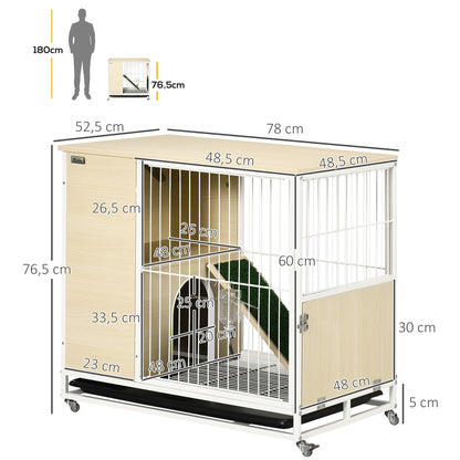 Rabbit Cage Hutch on Wheels with Opening Roof Platforms and Removable Tray - Natural 78 x 52.5 x 76.5 cm
