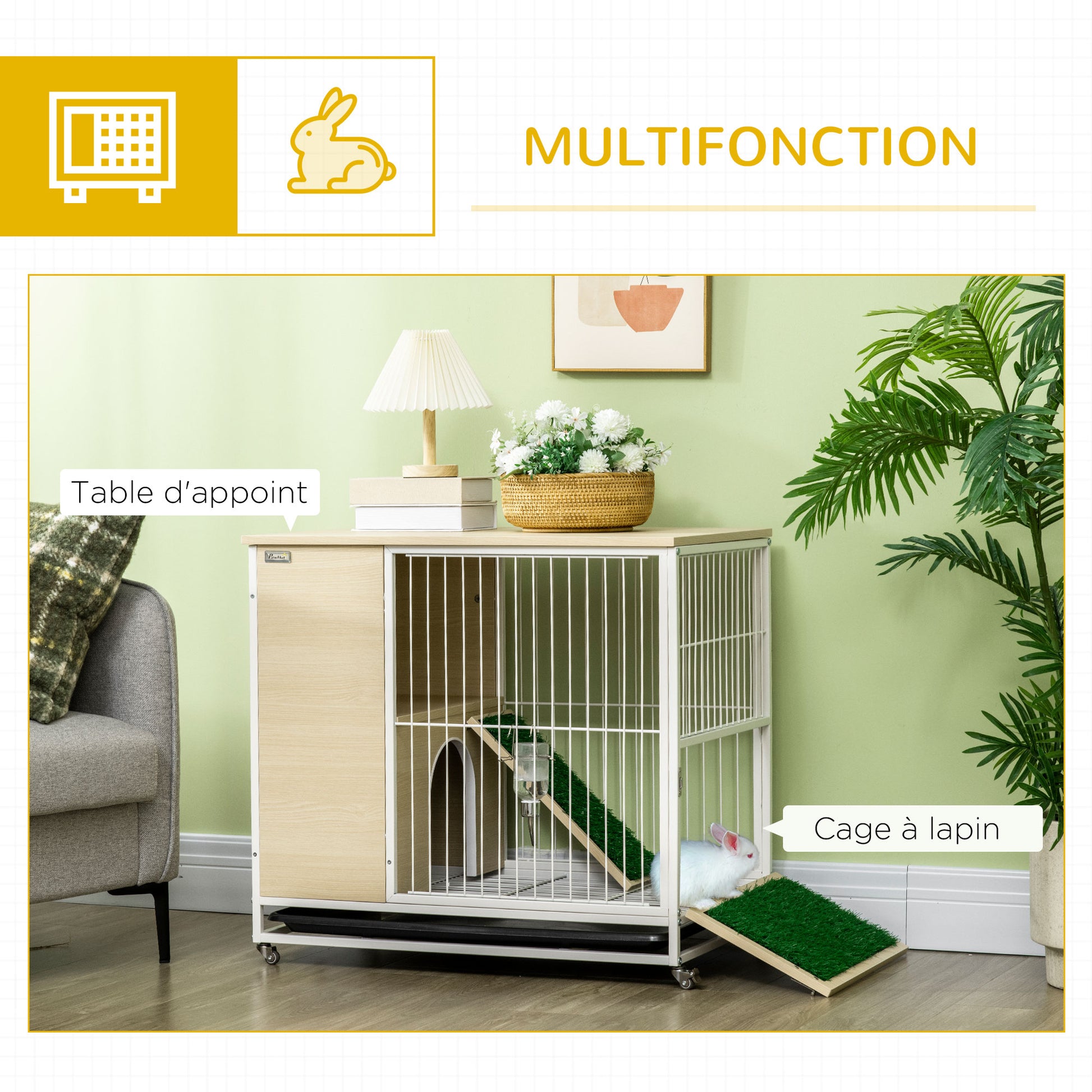 Rabbit Cage Hutch on Wheels with Opening Roof Platforms and Removable Tray - Natural 78 x 52.5 x 76.5 cm