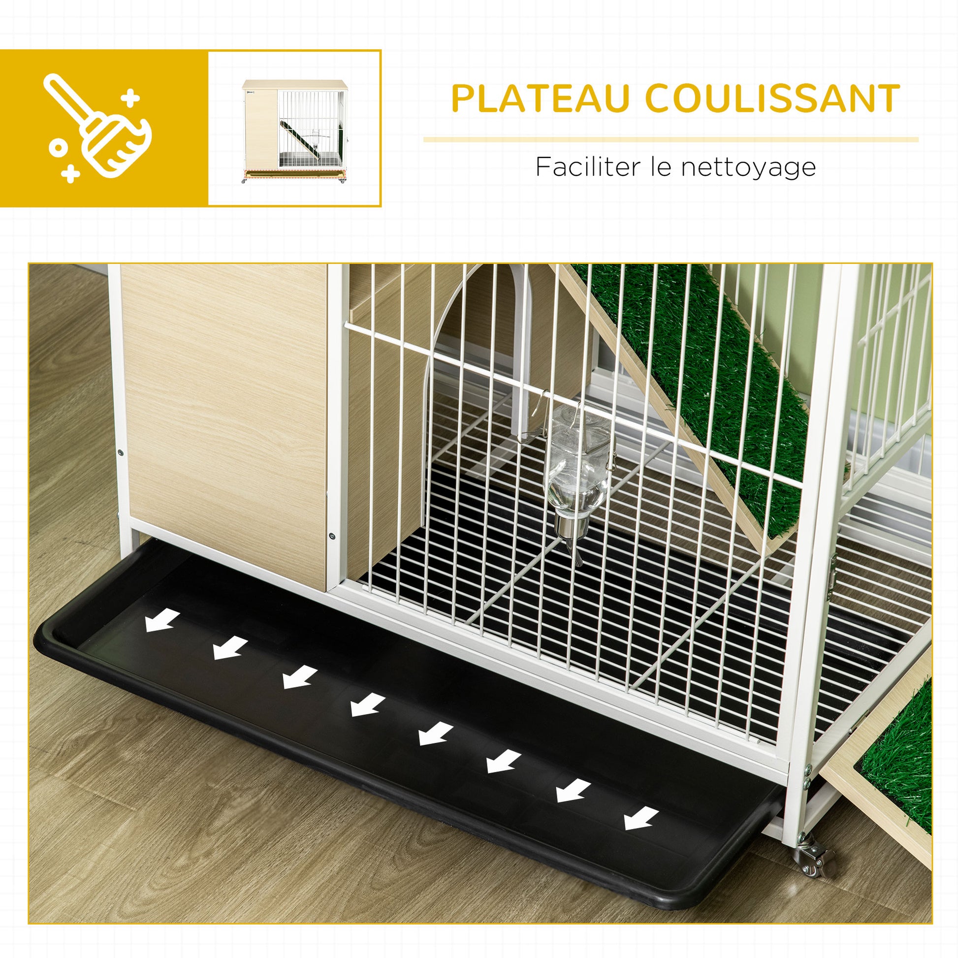 Rabbit Cage Hutch on Wheels with Opening Roof Platforms and Removable Tray - Natural 78 x 52.5 x 76.5 cm