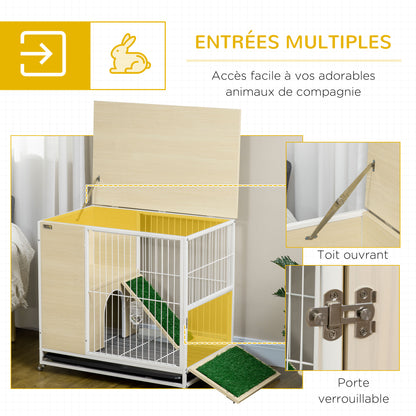 Rabbit Cage Hutch on Wheels with Opening Roof Platforms and Removable Tray - Natural 78 x 52.5 x 76.5 cm