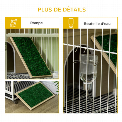 Rabbit Cage Hutch on Wheels with Opening Roof Platforms and Removable Tray - Natural 78 x 52.5 x 76.5 cm
