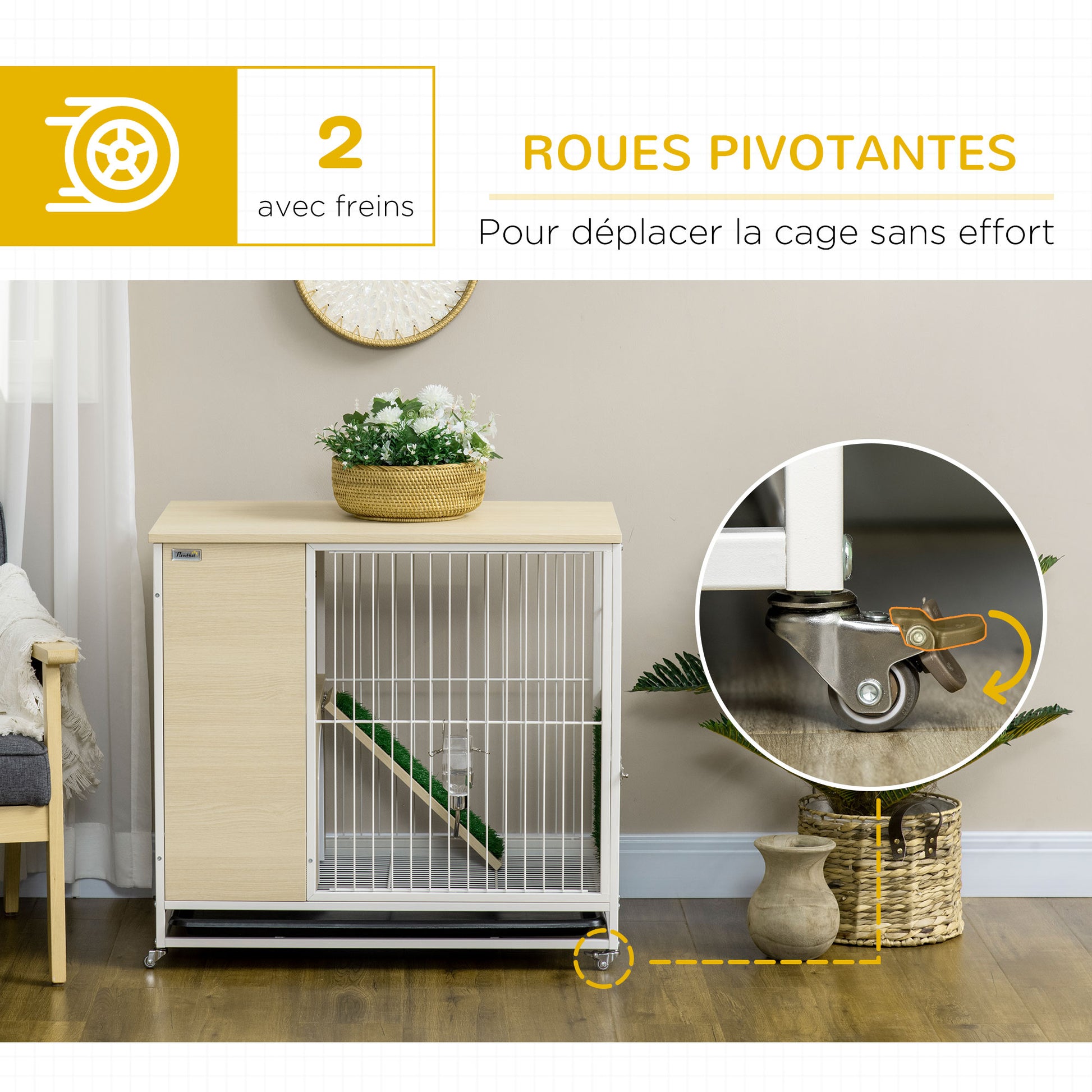 Rabbit Cage Hutch on Wheels with Opening Roof Platforms and Removable Tray - Natural 78 x 52.5 x 76.5 cm