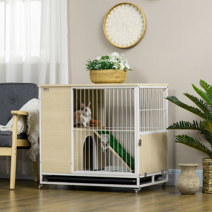 Rabbit Cage Hutch on Wheels with Opening Roof Platforms and Removable Tray - Natural 78 x 52.5 x 76.5 cm