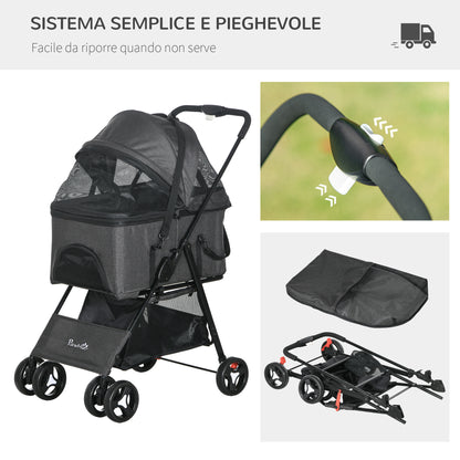 3 in 1 Dog Stroller, Removable Basket and Carrier, Pet Stroller with Leash, Cushion, Basket, and Canopy, Gray