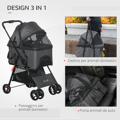 3 in 1 Dog Stroller, Removable Basket and Carrier, Pet Stroller with Leash, Cushion, Basket, and Canopy, Gray
