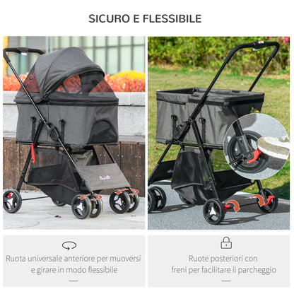 3 in 1 Dog Stroller, Removable Basket and Carrier, Pet Stroller with Leash, Cushion, Basket, and Canopy, Gray