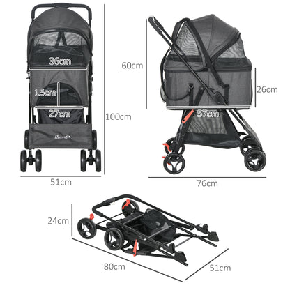 3 in 1 Dog Stroller, Removable Basket and Carrier, Pet Stroller with Leash, Cushion, Basket, and Canopy, Gray
