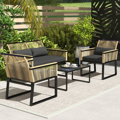 Poly Rattan Garden Furniture Set 4 Persons, Weatherproof Balcony Furniture Set with 2-Seater Sofa, 2 Chairs Glass Table Seat Cushions, Outdoor Seating Group, Patio Furniture Garden Set for Garden Balcony, Black