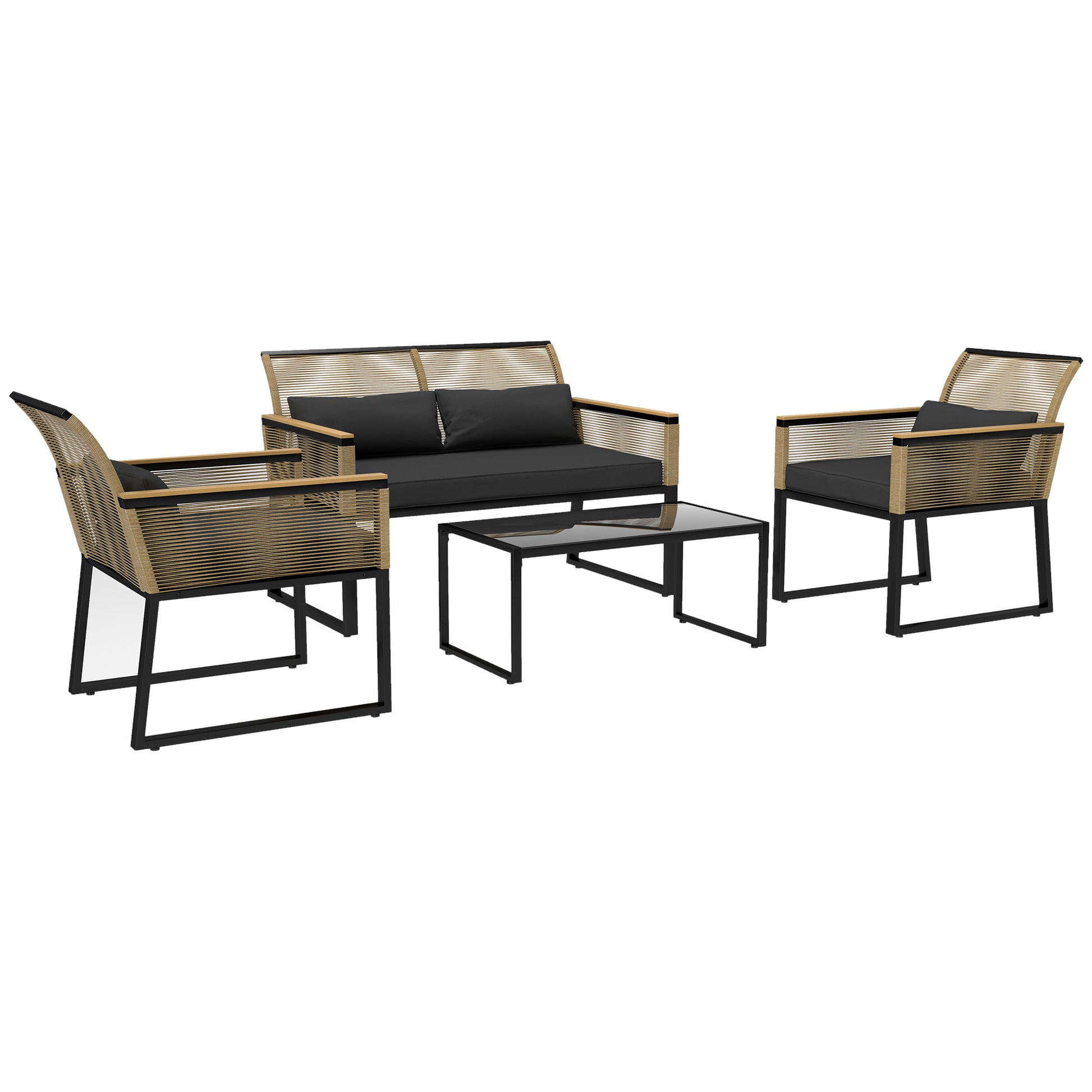 Poly Rattan Garden Furniture Set 4 Persons, Weatherproof Balcony Furniture Set with 2-Seater Sofa, 2 Chairs Glass Table Seat Cushions, Outdoor Seating Group, Patio Furniture Garden Set for Garden Balcony, Black