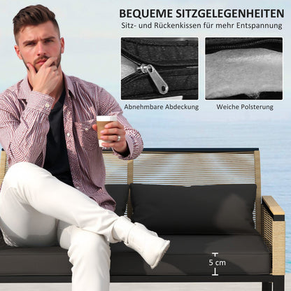 Poly Rattan Garden Furniture Set 4 Persons, Weatherproof Balcony Furniture Set with 2-Seater Sofa, 2 Chairs Glass Table Seat Cushions, Outdoor Seating Group, Patio Furniture Garden Set for Garden Balcony, Black