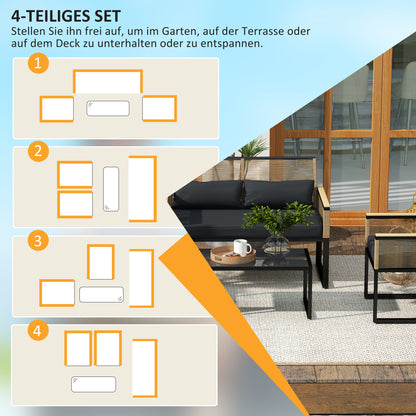 Poly Rattan Garden Furniture Set 4 Persons, Weatherproof Balcony Furniture Set with 2-Seater Sofa, 2 Chairs Glass Table Seat Cushions, Outdoor Seating Group, Patio Furniture Garden Set for Garden Balcony, Black