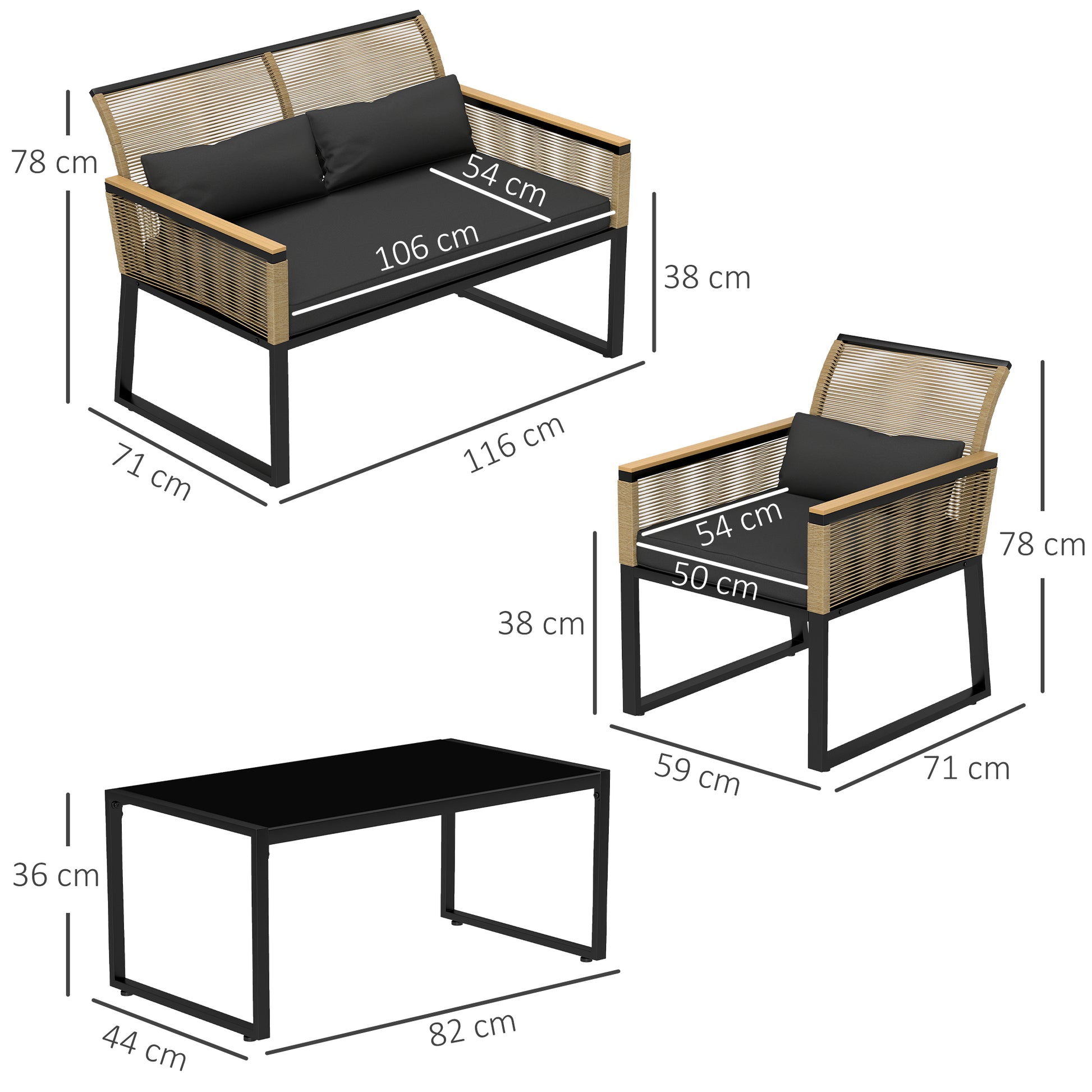 Poly Rattan Garden Furniture Set 4 Persons, Weatherproof Balcony Furniture Set with 2-Seater Sofa, 2 Chairs Glass Table Seat Cushions, Outdoor Seating Group, Patio Furniture Garden Set for Garden Balcony, Black