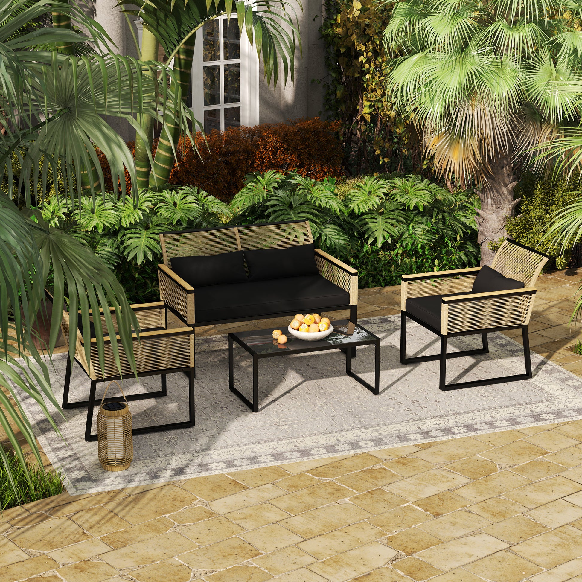 Poly Rattan Garden Furniture Set 4 Persons, Weatherproof Balcony Furniture Set with 2-Seater Sofa, 2 Chairs Glass Table Seat Cushions, Outdoor Seating Group, Patio Furniture Garden Set for Garden Balcony, Black