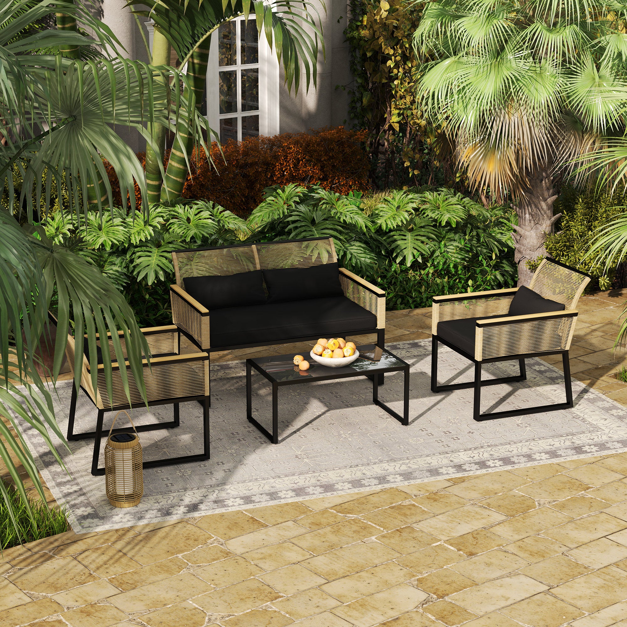 Poly Rattan Garden Furniture Set 4 Persons, Weatherproof Balcony Furniture Set with 2-Seater Sofa, 2 Chairs Glass Table Seat Cushions, Outdoor Seating Group, Patio Furniture Garden Set for Garden Balcony, Black