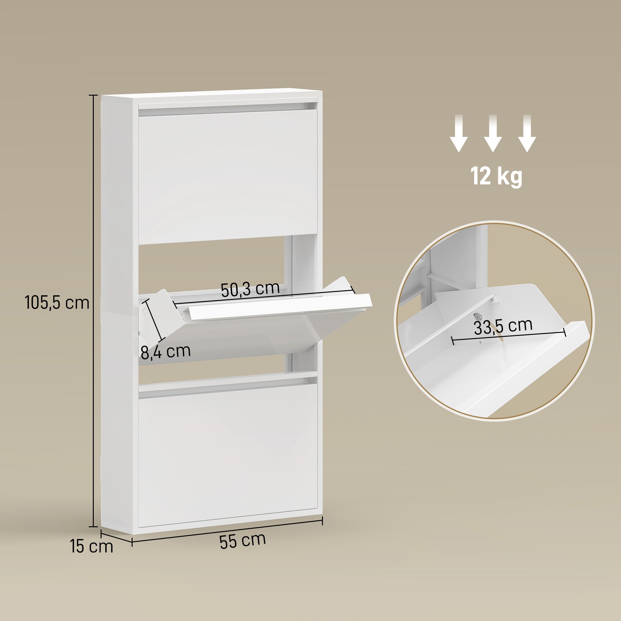 Metal Shoe Cabinet with 3 Flip Drawers — Slim Wall-Mounted Shoe Rack for 6 Pairs, 55 x 15 x 105.5 cm (21.7" x 5.9" x 41.5"), White