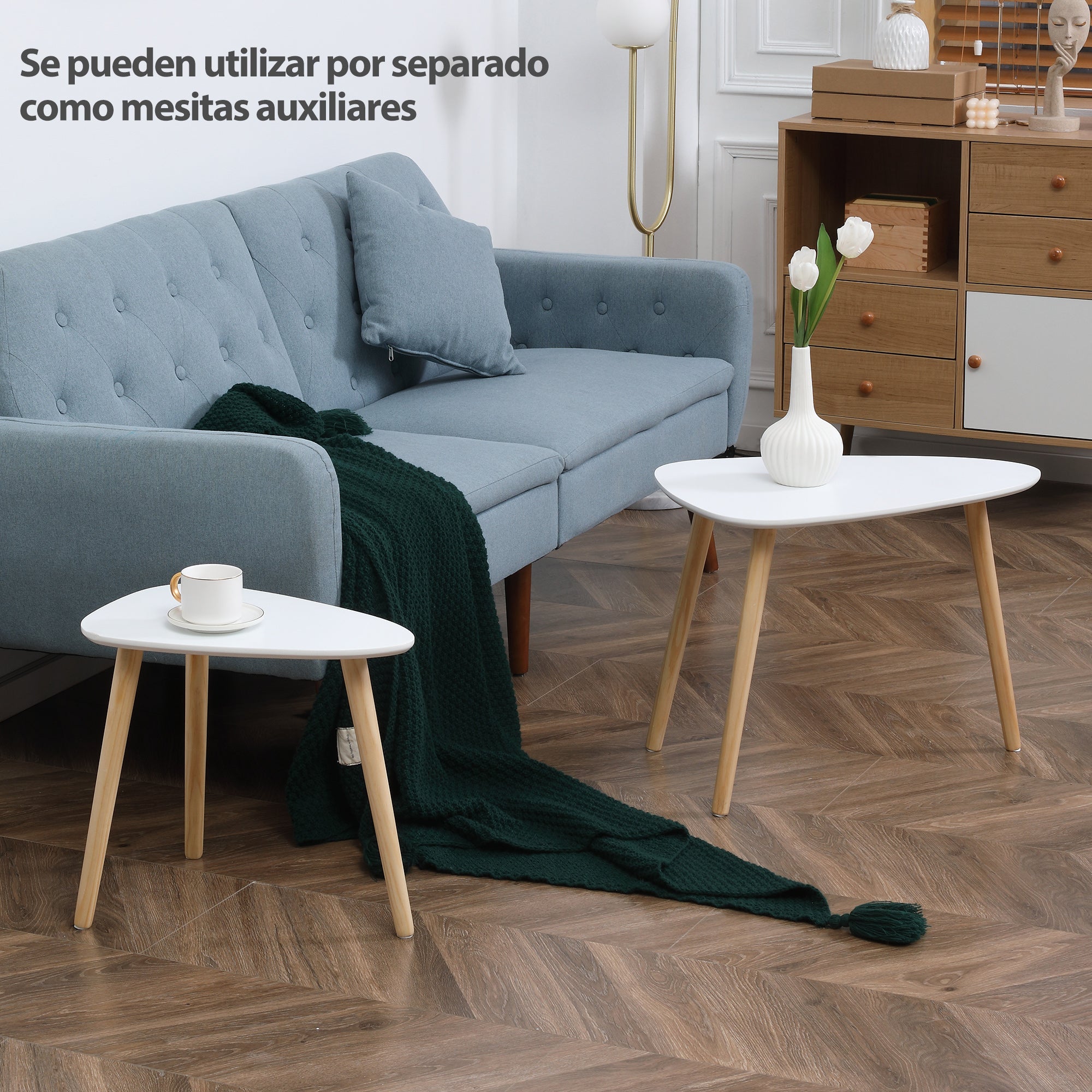 Set of 2 Side Tables with Wooden Legs Nesting Coffee Tables for Living Room Bedroom Office 59.5x39.5x45 cm and 44.5x28.5x40 cm White