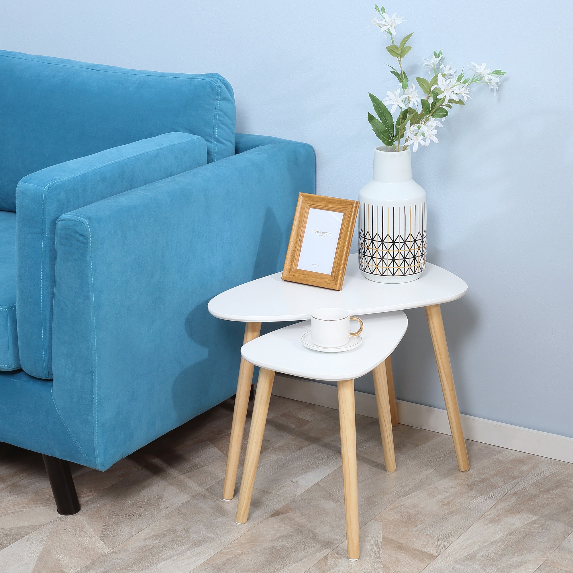 Set of 2 Side Tables with Wooden Legs Nesting Coffee Tables for Living Room Bedroom Office 59.5x39.5x45 cm and 44.5x28.5x40 cm White