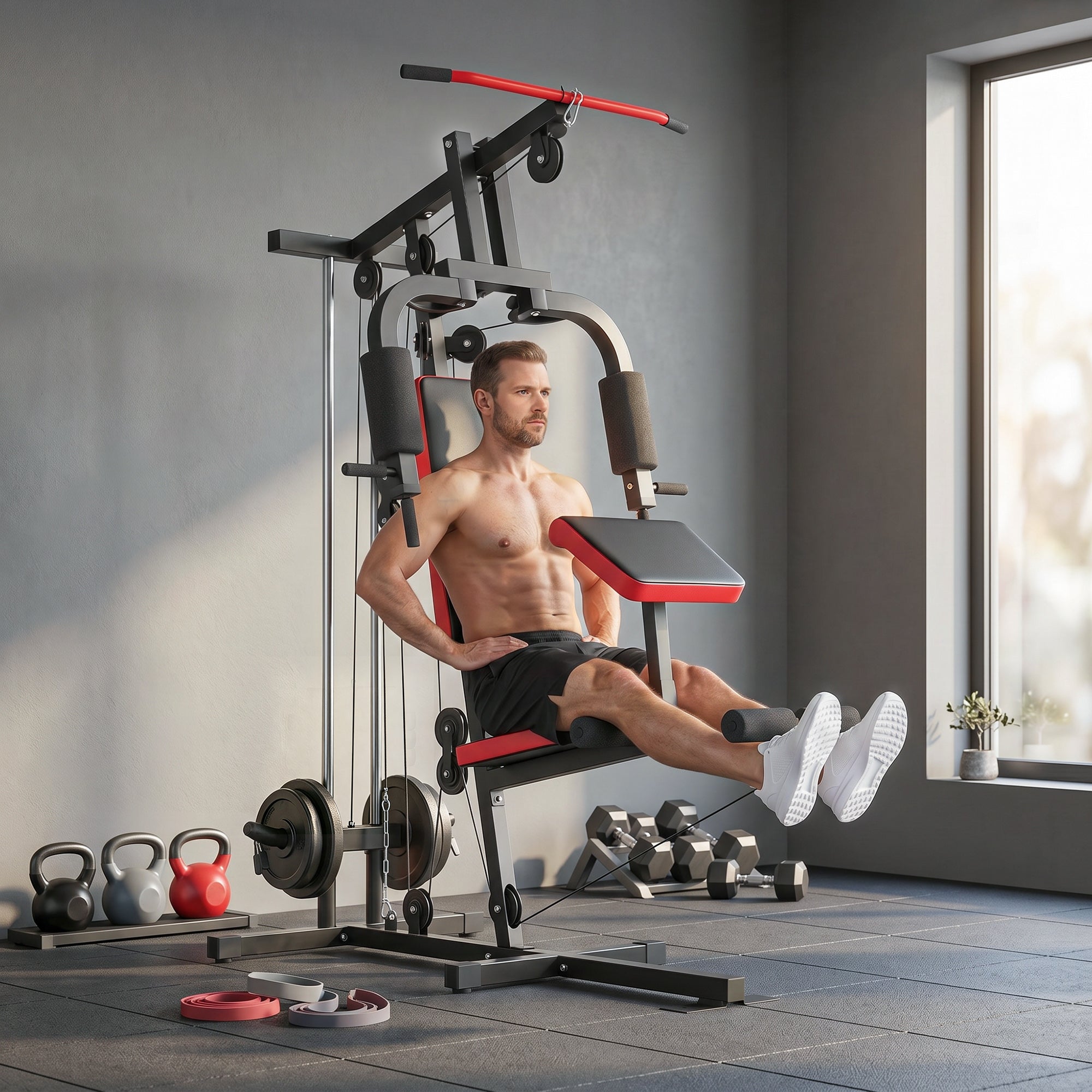 SPORTNOW Multifunction Home Gym Station with Removable Preacher Bench, High/Low Pulley, Butterfly, Leg Trainer - Complete Body Workout