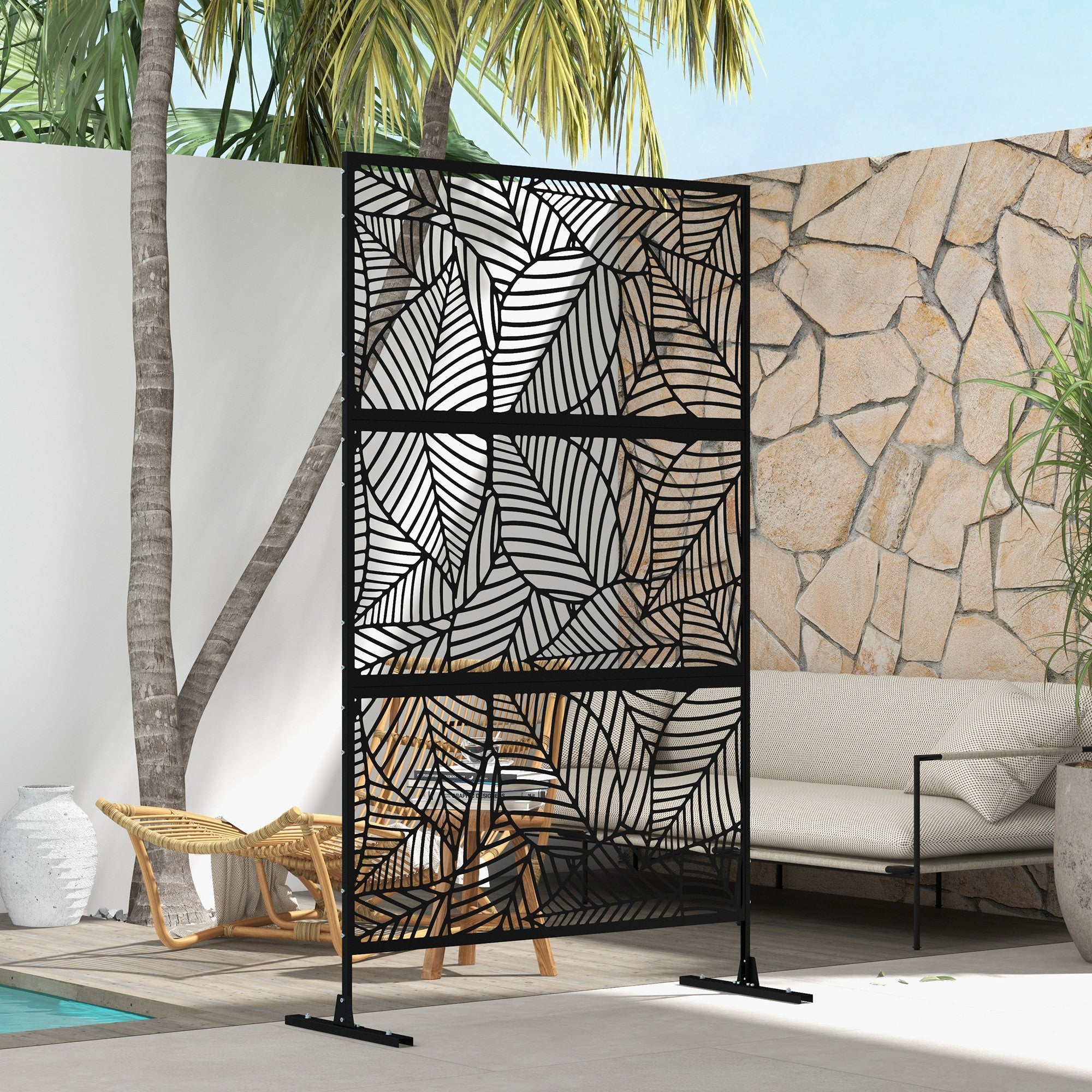Black Outdoor Decorative Windbreak Panel with Leaf Pattern - 122 x 45 x 198 cm, black