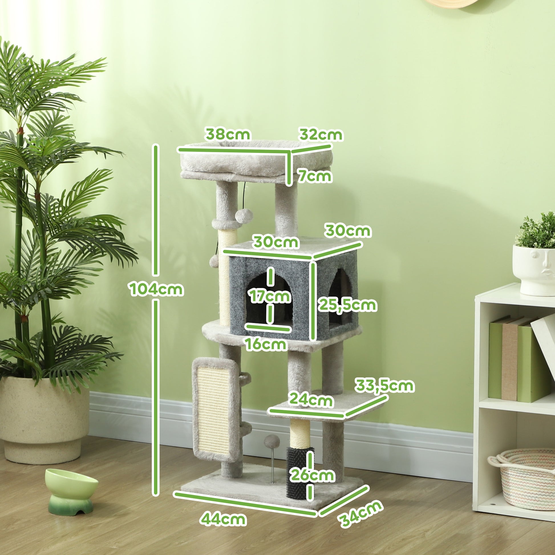 Cat Scratching Tree Height 104 cm Cat Tower with Platforms Post with Brush Hanging Balls and Scratching Pad Light Gray