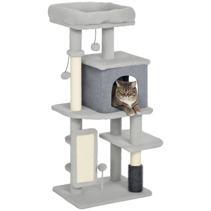 Cat Scratching Tree Height 104 cm Cat Tower with Platforms Post with Brush Hanging Balls and Scratching Pad Light Gray