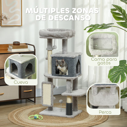 Cat Scratching Tree Height 104 cm Cat Tower with Platforms Post with Brush Hanging Balls and Scratching Pad Light Gray