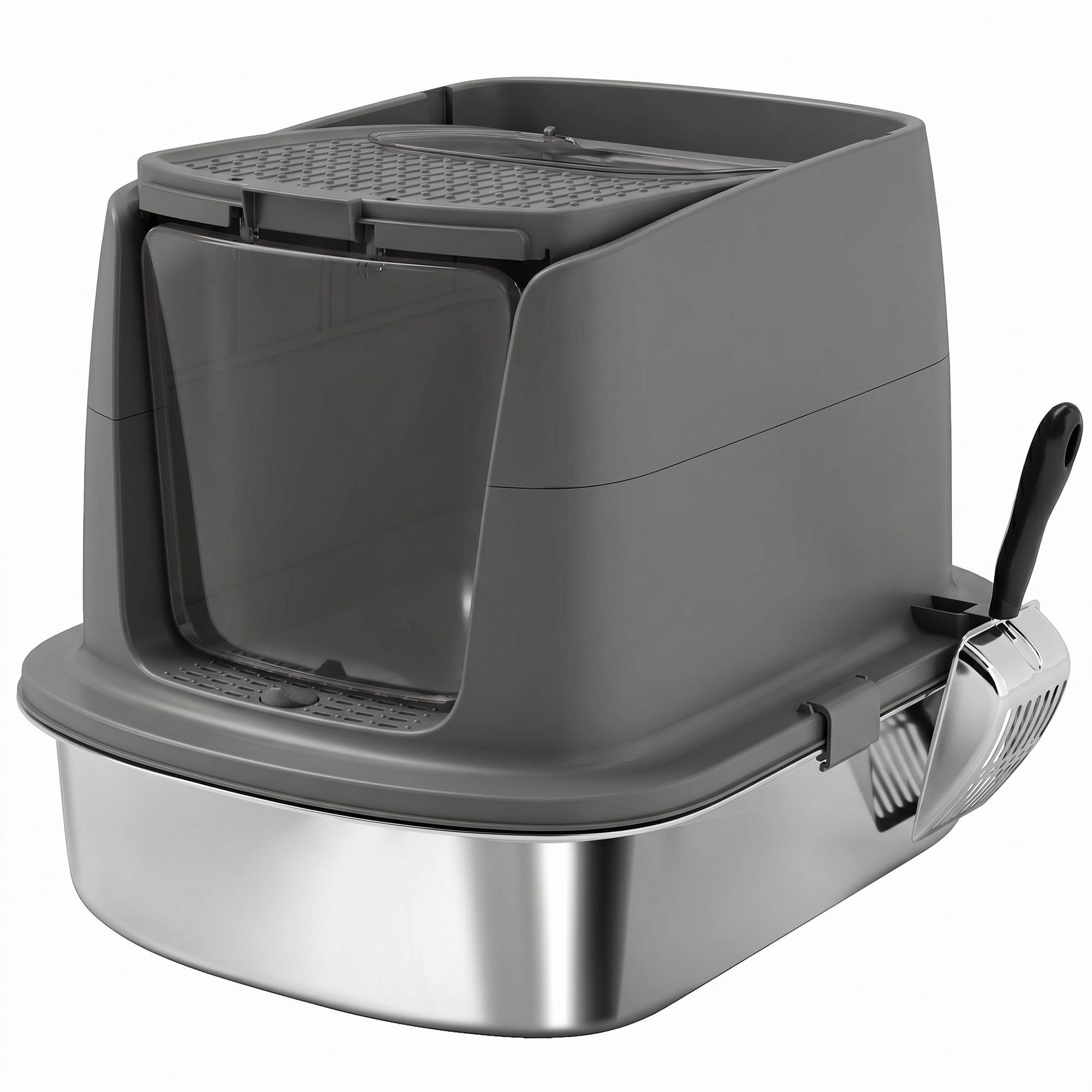 Stainless Steel Covered Cat Litter Box with Lid — Large Top/Front Entry, Metal Scoop & Deodorizer Bag, Odor-Resistant, Easy to Clean, Dark Gray