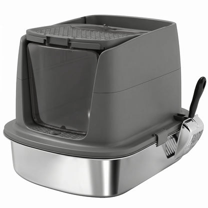 Stainless Steel Covered Cat Litter Box with Lid — Large Top/Front Entry, Metal Scoop & Deodorizer Bag, Odor-Resistant, Easy to Clean, Dark Gray