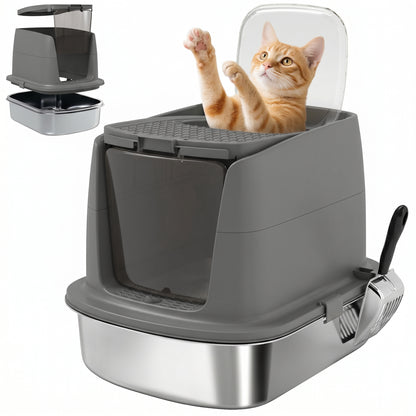 Stainless Steel Covered Cat Litter Box with Lid — Large Top/Front Entry, Metal Scoop & Deodorizer Bag, Odor-Resistant, Easy to Clean, Dark Gray