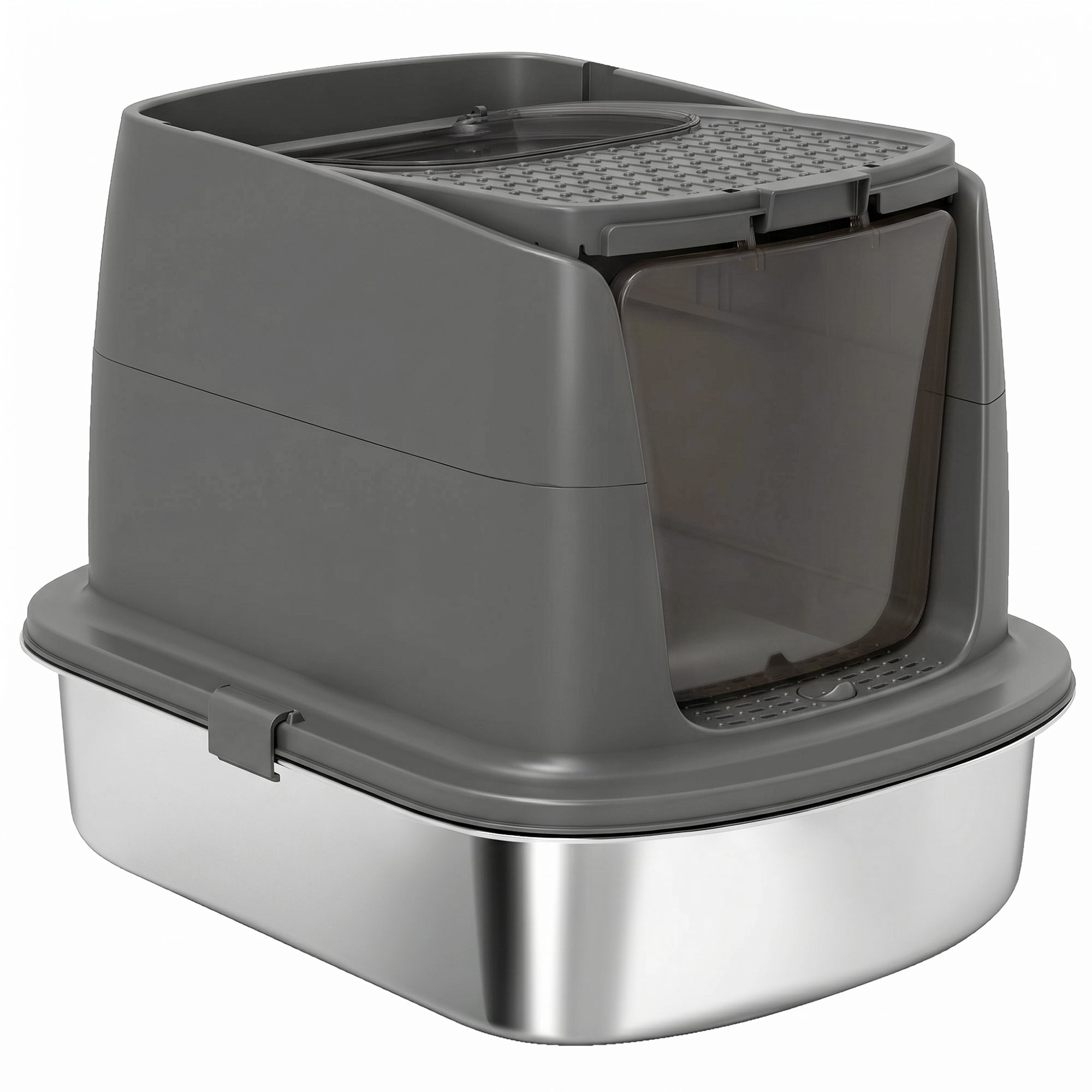 Stainless Steel Covered Cat Litter Box with Lid — Large Top/Front Entry, Metal Scoop & Deodorizer Bag, Odor-Resistant, Easy to Clean, Dark Gray