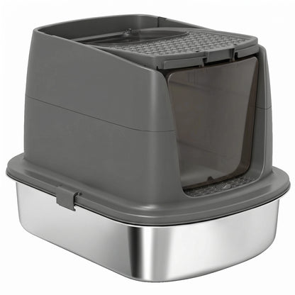 Stainless Steel Covered Cat Litter Box with Lid — Large Top/Front Entry, Metal Scoop & Deodorizer Bag, Odor-Resistant, Easy to Clean, Dark Gray