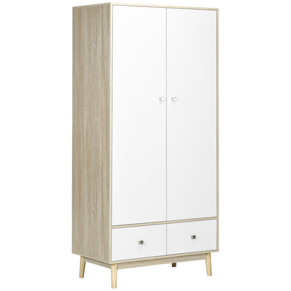 2-Door Wooden Wardrobe with 4 Compartments, 2 Drawers, and Clothing Rail, Wood and White Color, 90x50x190cm