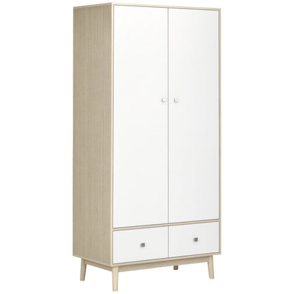 2-Door Wooden Wardrobe with 4 Compartments, 2 Drawers, and Clothing Rail, Wood and White Color, 90x50x190cm
