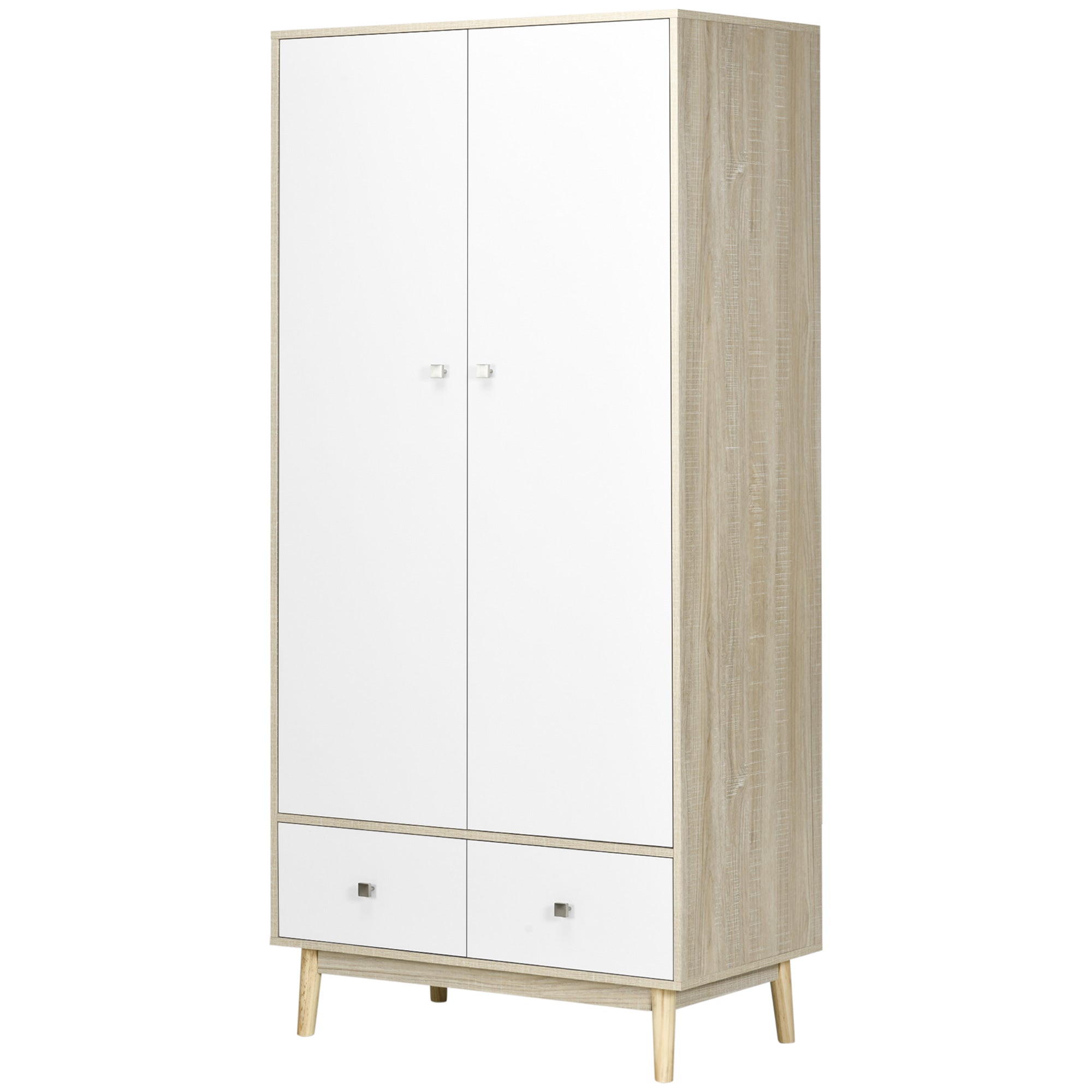 2-Door Wooden Wardrobe with 4 Compartments, 2 Drawers, and Clothing Rail, Wood and White Color, 90x50x190cm