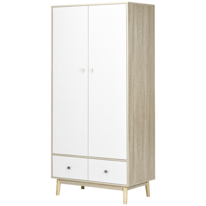 2-Door Wooden Wardrobe with 4 Compartments, 2 Drawers, and Clothing Rail, Wood and White Color, 90x50x190cm
