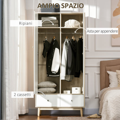 2-Door Wooden Wardrobe with 4 Compartments, 2 Drawers, and Clothing Rail, Wood and White Color, 90x50x190cm