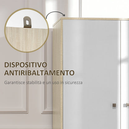 2-Door Wooden Wardrobe with 4 Compartments, 2 Drawers, and Clothing Rail, Wood and White Color, 90x50x190cm