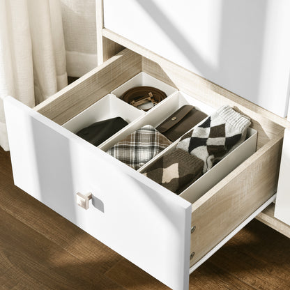 2-Door Wooden Wardrobe with 4 Compartments, 2 Drawers, and Clothing Rail, Wood and White Color, 90x50x190cm