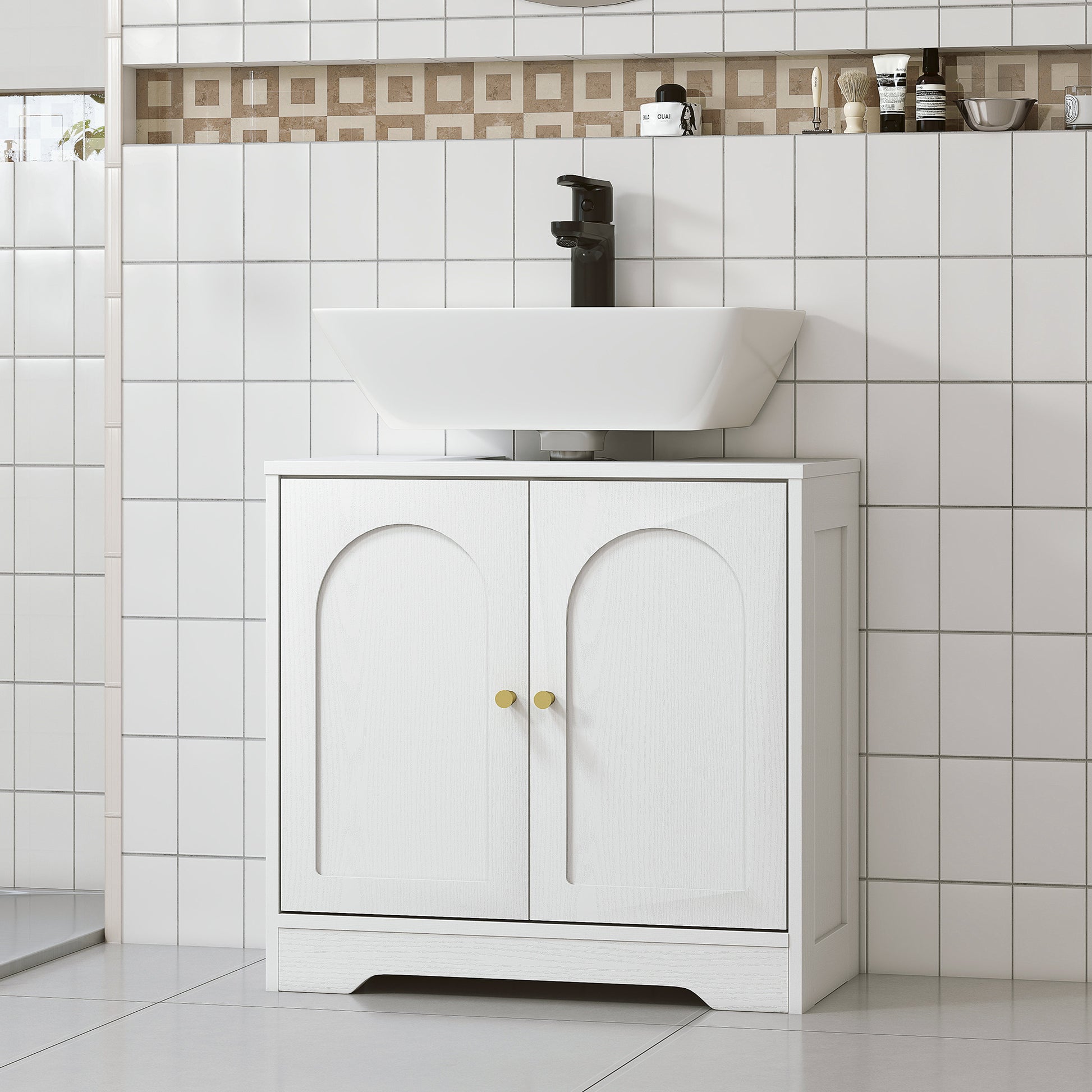 Pedestal Sink Cabinet Bathroom Cabinet with 2 Arched Doors Adjustable Shelf Golden Handles for Pedestal Sink or Sink without Pedestal 60x30x65 cm White