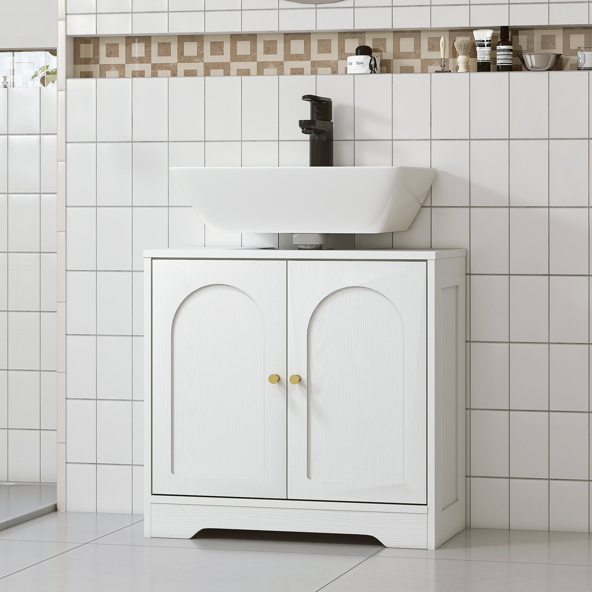 Pedestal Sink Cabinet Bathroom Cabinet with 2 Arched Doors Adjustable Shelf Golden Handles for Pedestal Sink or Sink without Pedestal 60x30x65 cm White