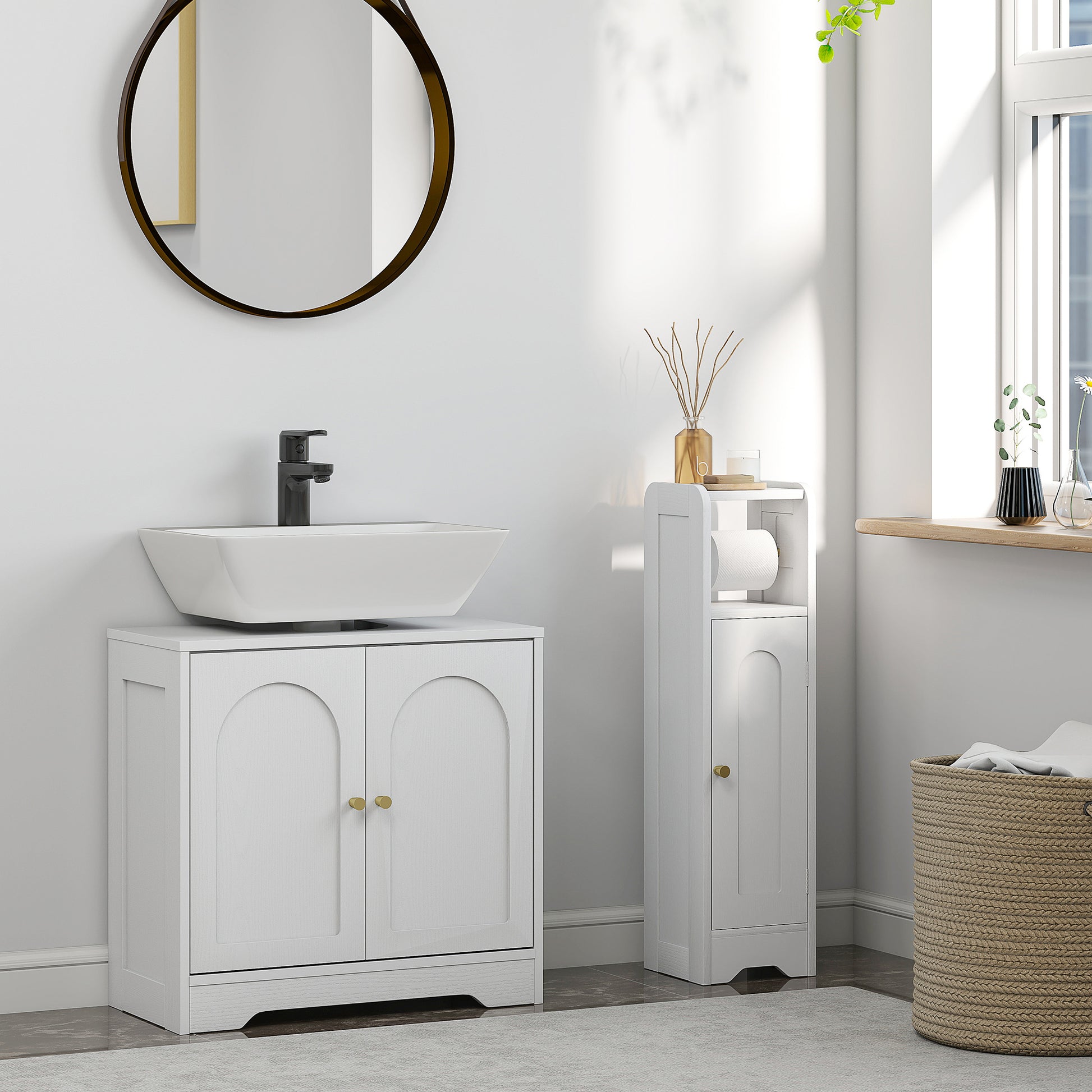 Pedestal Sink Cabinet Bathroom Cabinet with 2 Arched Doors Adjustable Shelf Golden Handles for Pedestal Sink or Sink without Pedestal 60x30x65 cm White