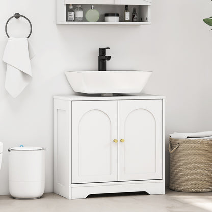 Pedestal Sink Cabinet Bathroom Cabinet with 2 Arched Doors Adjustable Shelf Golden Handles for Pedestal Sink or Sink without Pedestal 60x30x65 cm White