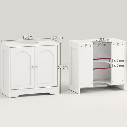 Pedestal Sink Cabinet Bathroom Cabinet with 2 Arched Doors Adjustable Shelf Golden Handles for Pedestal Sink or Sink without Pedestal 60x30x65 cm White