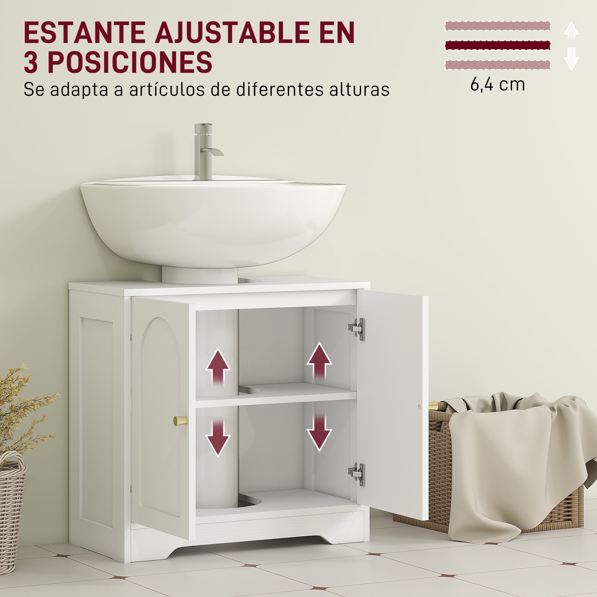 Pedestal Sink Cabinet Bathroom Cabinet with 2 Arched Doors Adjustable Shelf Golden Handles for Pedestal Sink or Sink without Pedestal 60x30x65 cm White