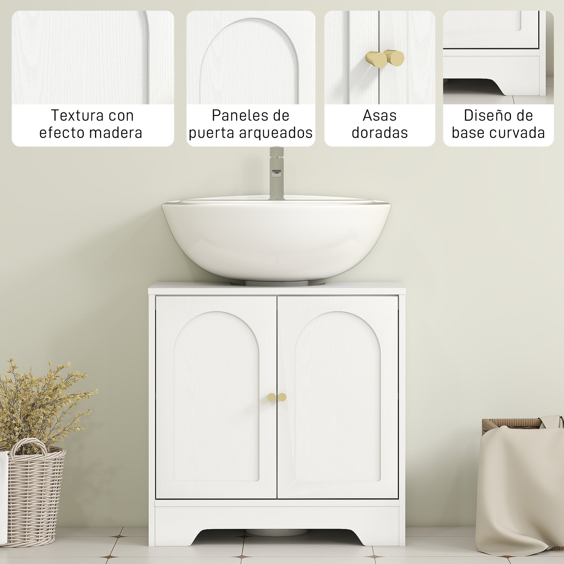 Pedestal Sink Cabinet Bathroom Cabinet with 2 Arched Doors Adjustable Shelf Golden Handles for Pedestal Sink or Sink without Pedestal 60x30x65 cm White