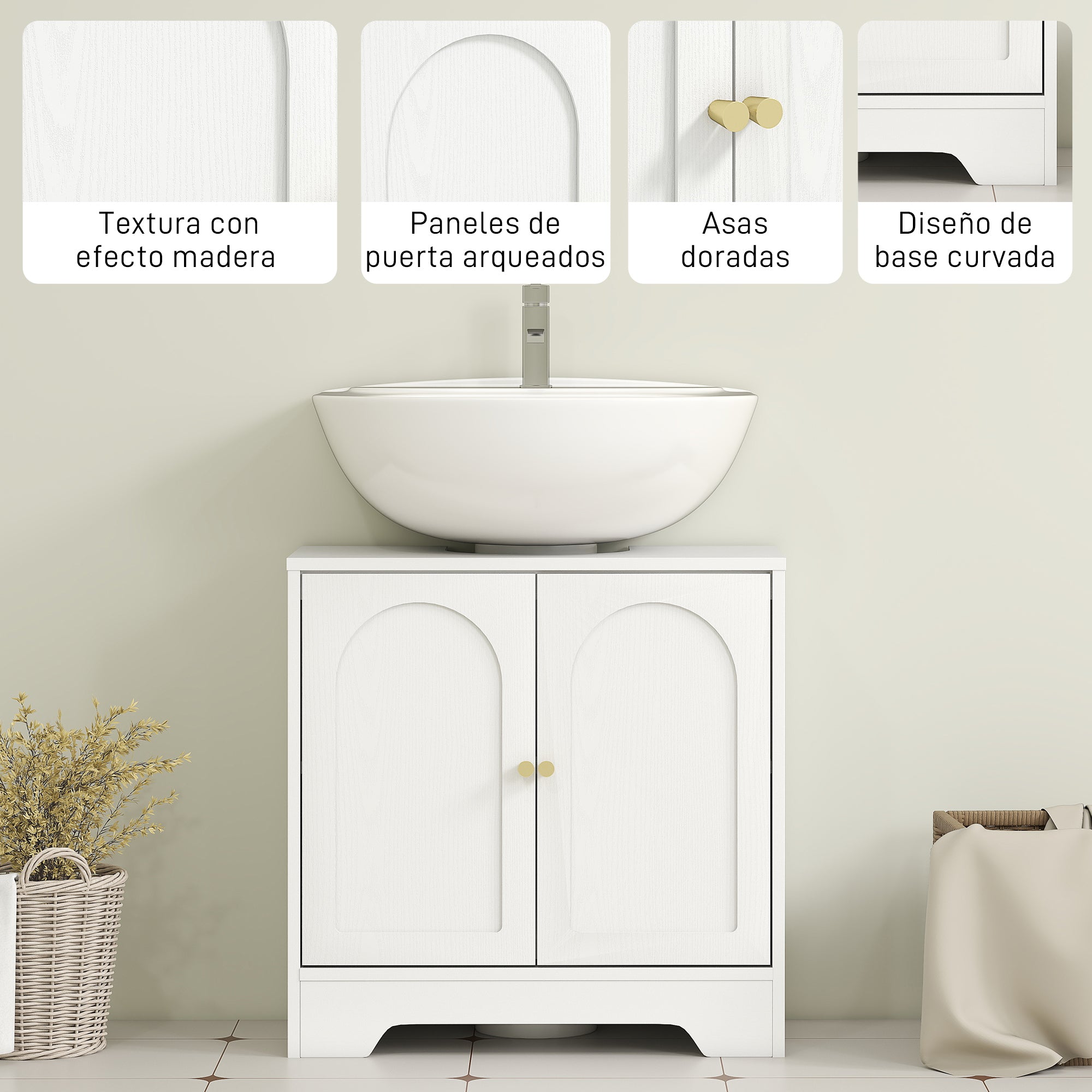 Pedestal Sink Cabinet Bathroom Cabinet with 2 Arched Doors Adjustable Shelf Golden Handles for Pedestal Sink or Sink without Pedestal 60x30x65 cm White